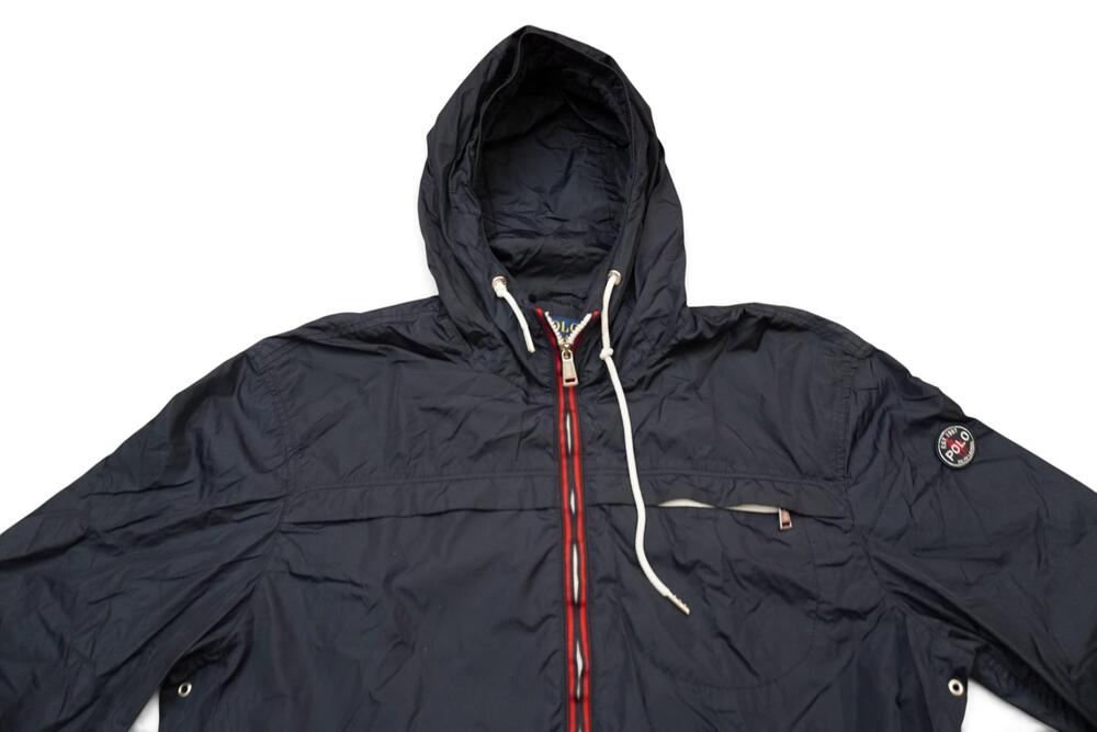Polo Ralph Lauren Anorak Jacket Men Medium Navy Blue Red Stripe Packable Hooded